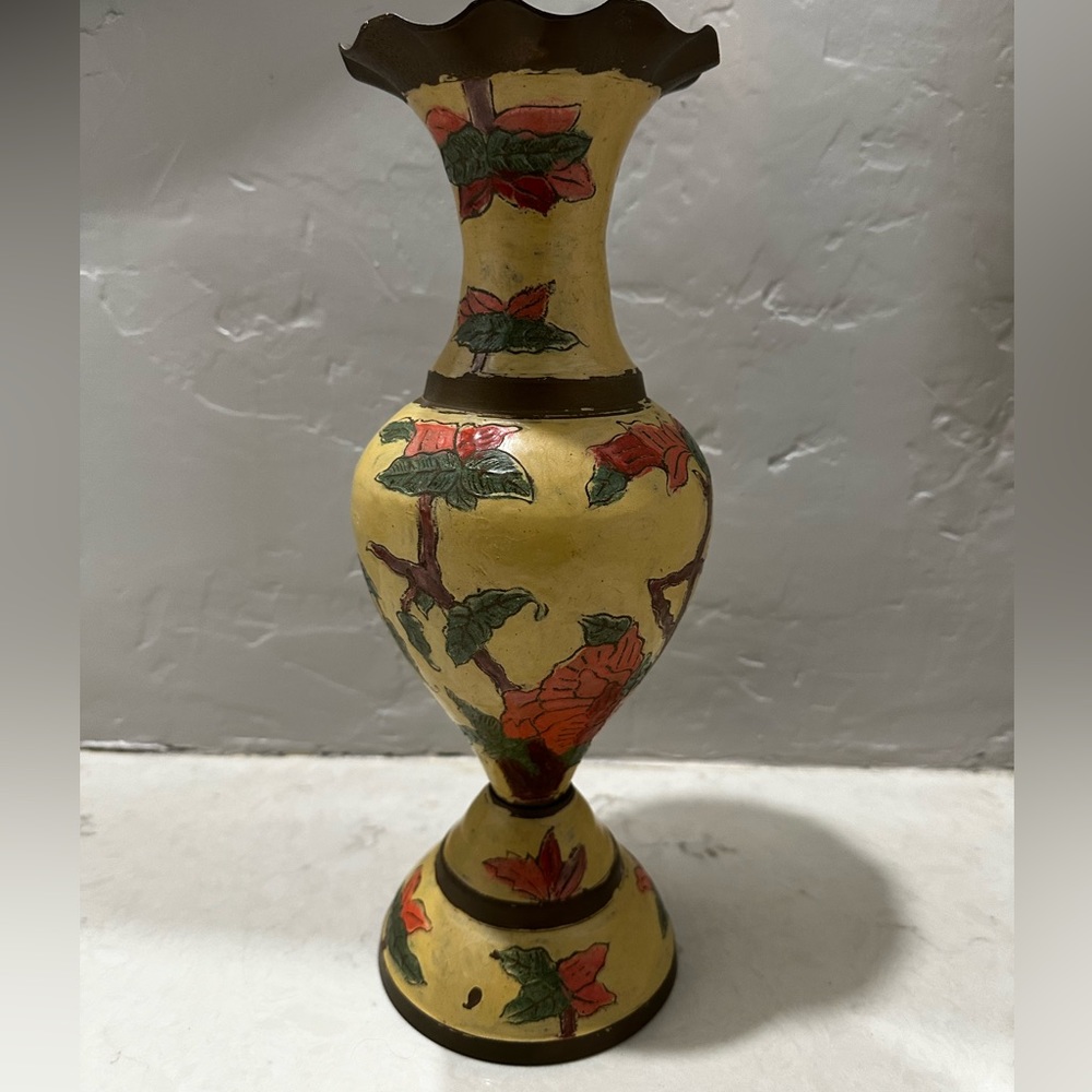 Vintage Brass Vase Handpainted Made In India 12”